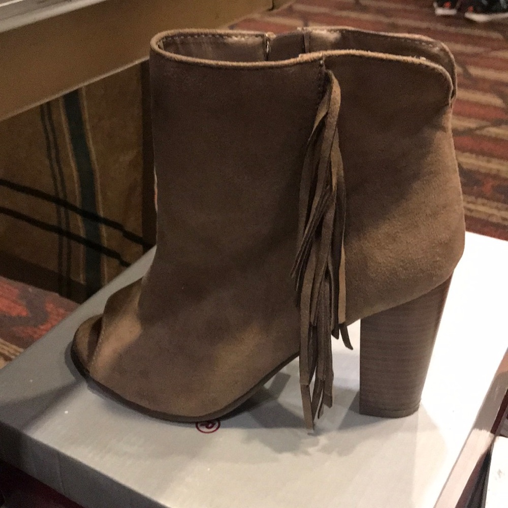 Fringe micro suede peep toe booties